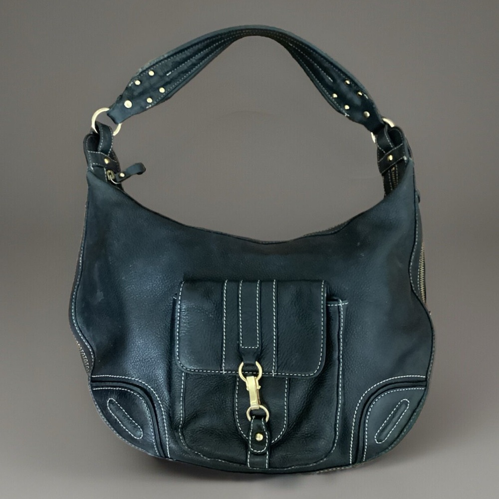 Kate Landry  100% cow leather black shoulder bag with gold accents
